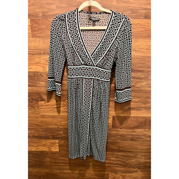 City Triangles Stretch Knit Sheath 3/4 Sleeve V Neck Mint Green & Brown Medium - Picture 8 of 12